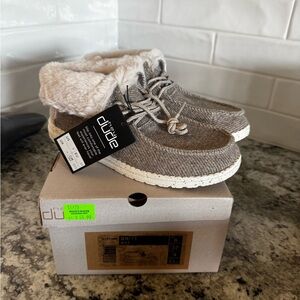 Hey Dude Britt Moccasin Slipper in Taupe with Cream Fur